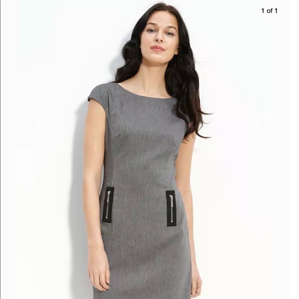 Eliza J Gray Stretch Knit Career Dress w/Exposed Zippers